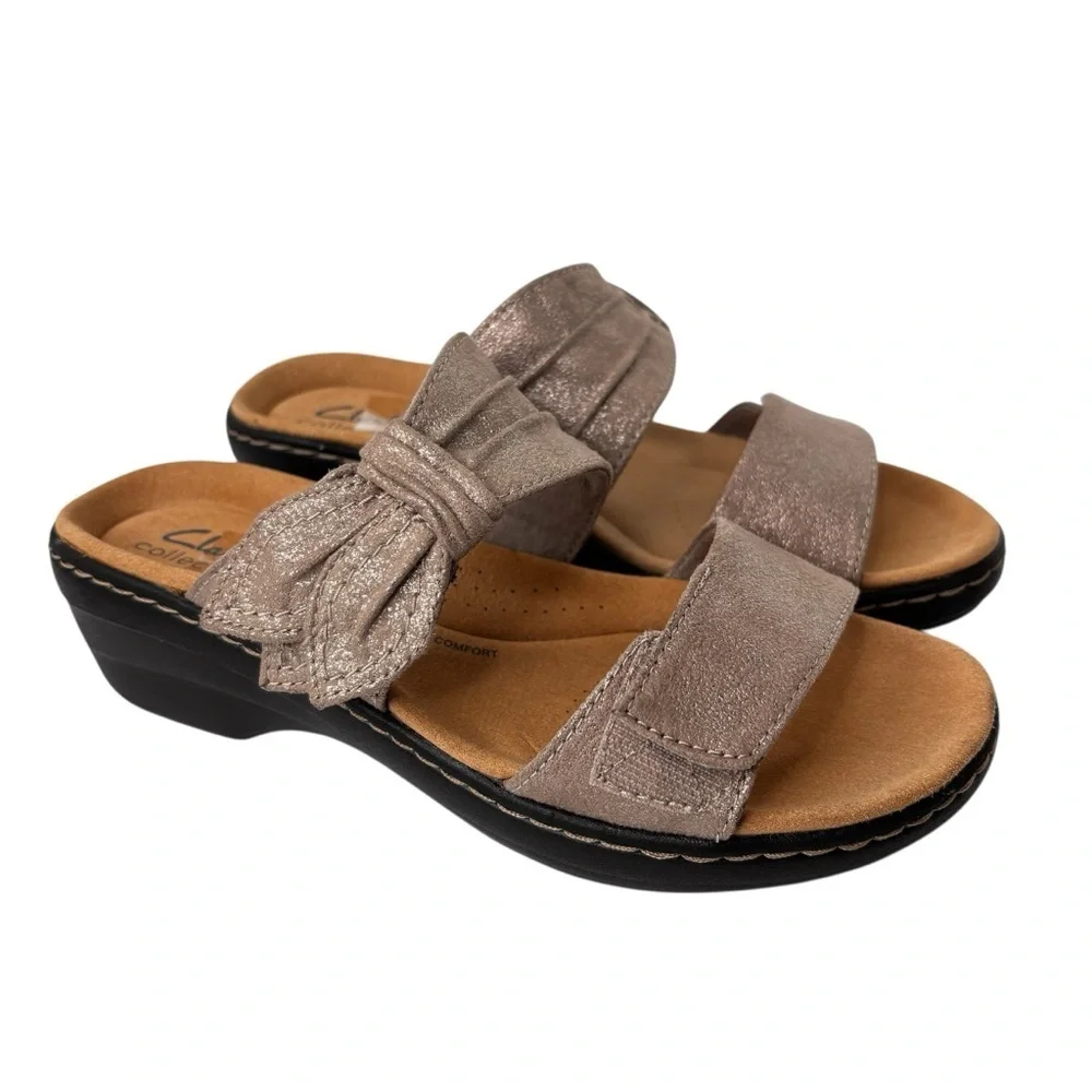 Clarks Merliah Charm Comfort Sandals Taupe Metallic Slides Size 6.5 Adjustable